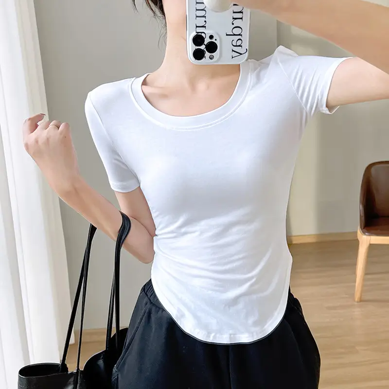 White Short Sleeve T-Shirt with Fan Bottom & Modal Fabric - Image 4