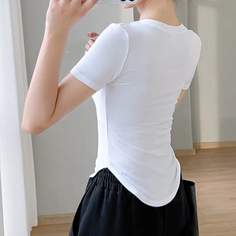 White Short Sleeve T-Shirt with Fan Bottom & Modal Fabric - Image 5