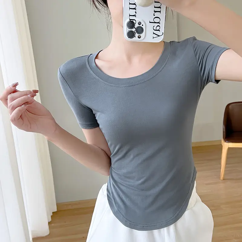 White Short Sleeve T-Shirt with Fan Bottom & Modal Fabric - Image 6