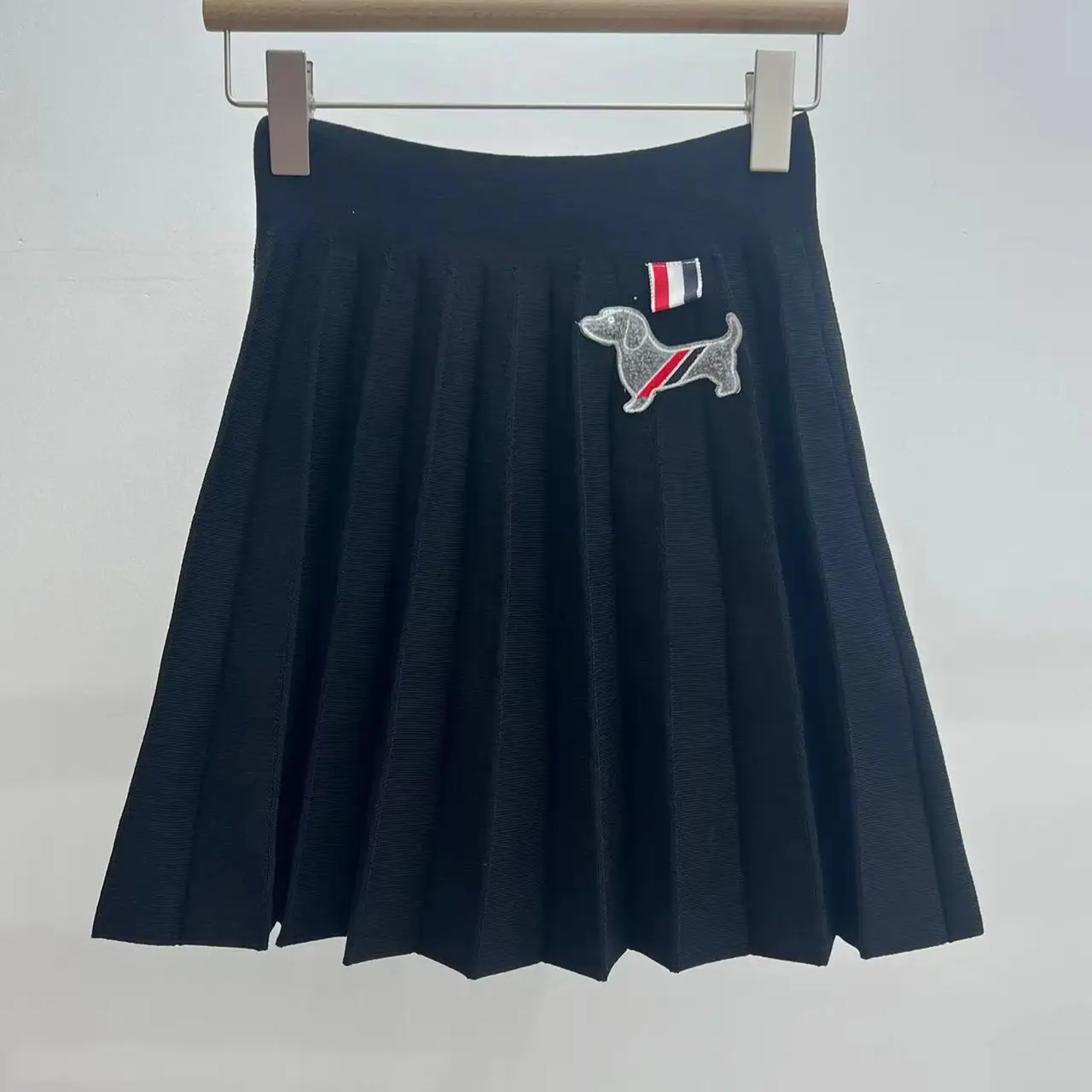 Gray Pleated A-Line Skirt with Puppy Embroidery