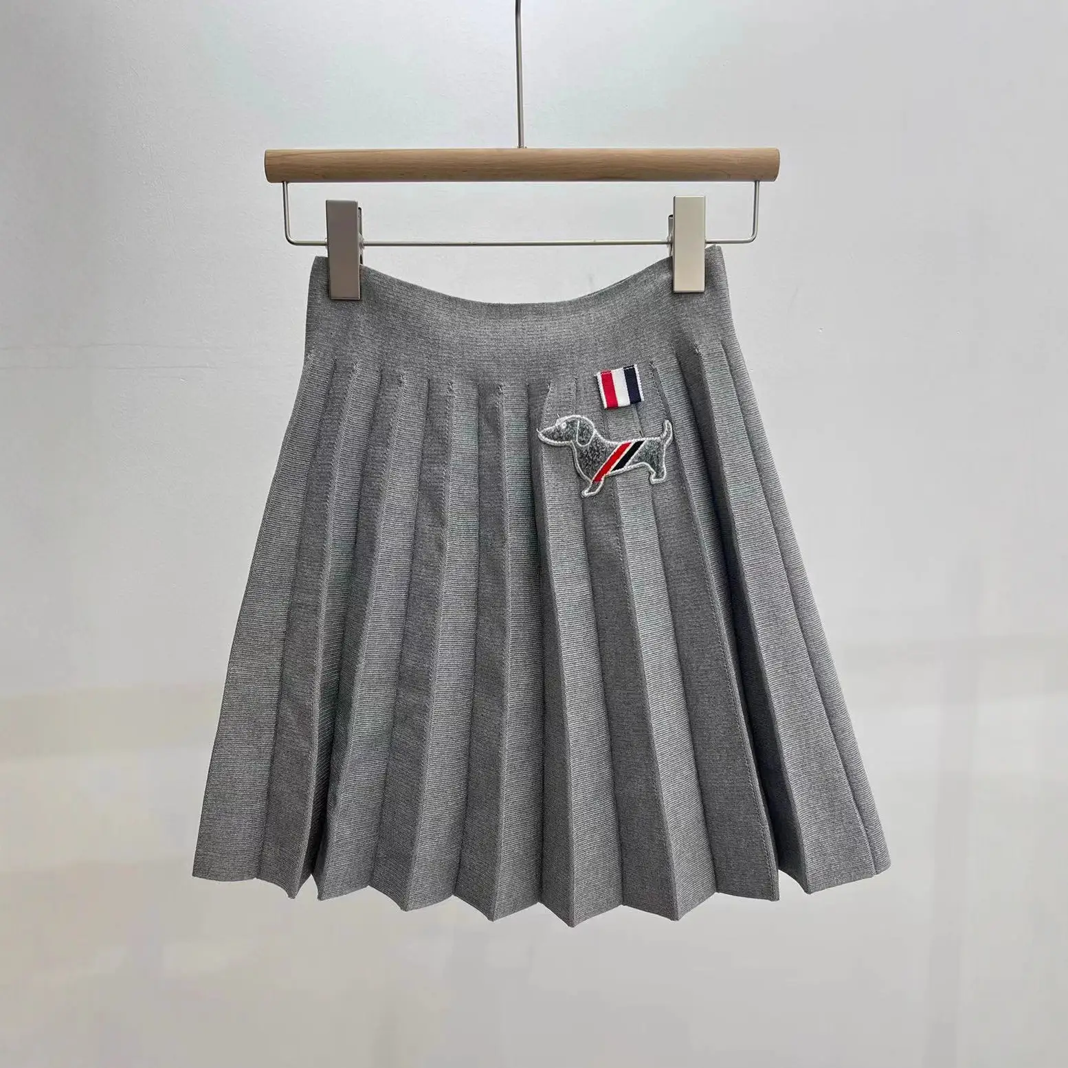 Gray Pleated A-Line Skirt with Puppy Embroidery