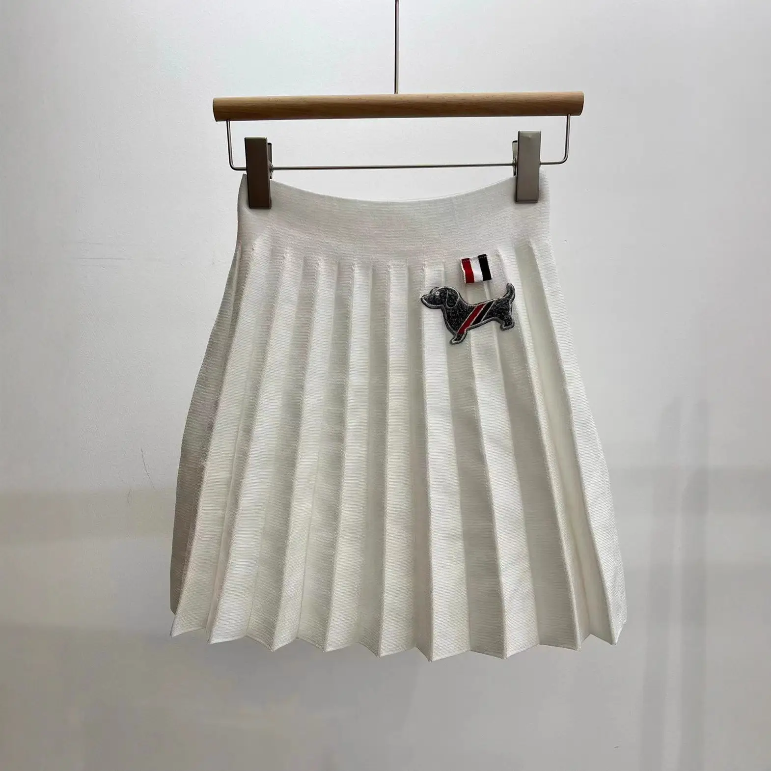 Gray Pleated A-Line Skirt with Puppy Embroidery