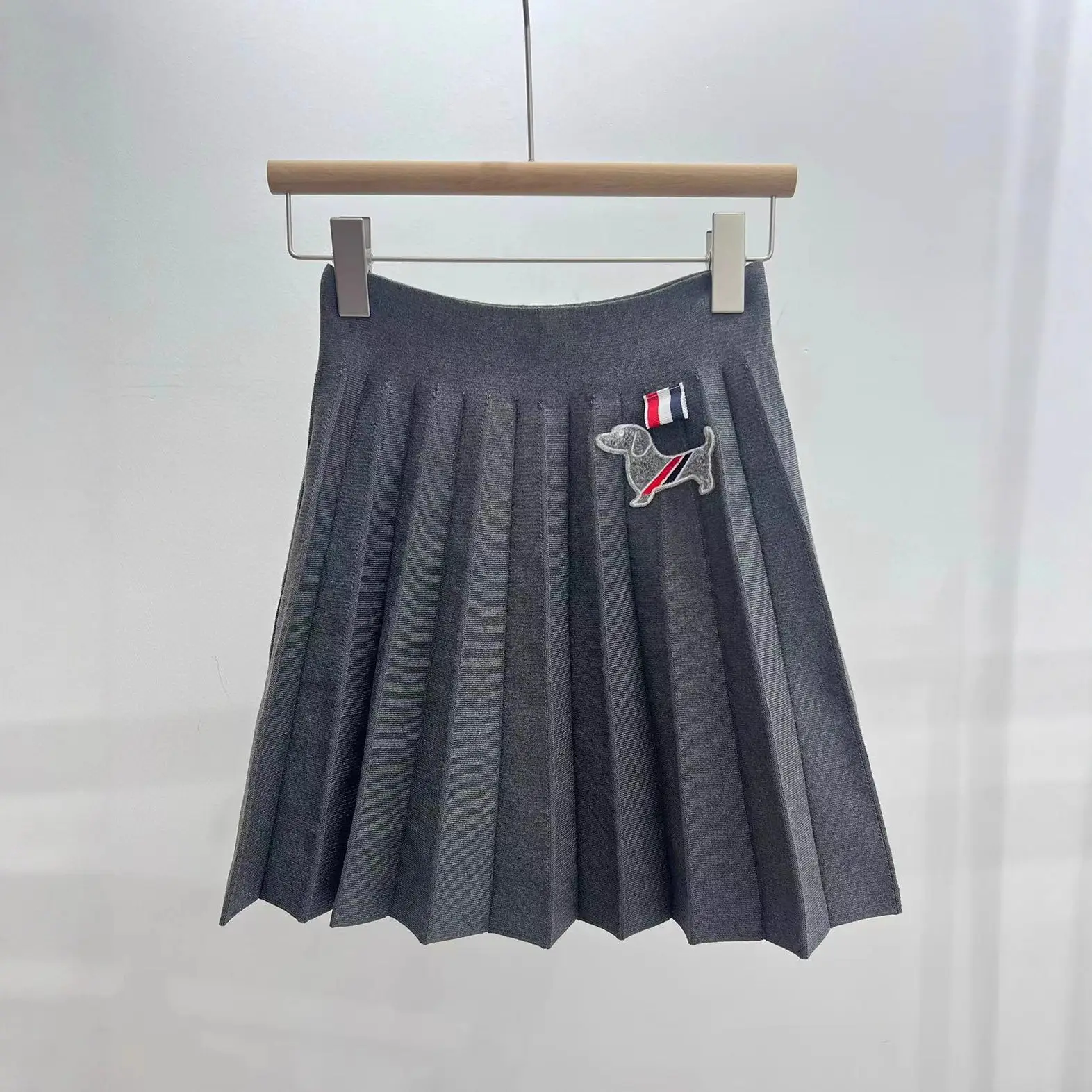 Gray Pleated A-Line Skirt with Puppy Embroidery