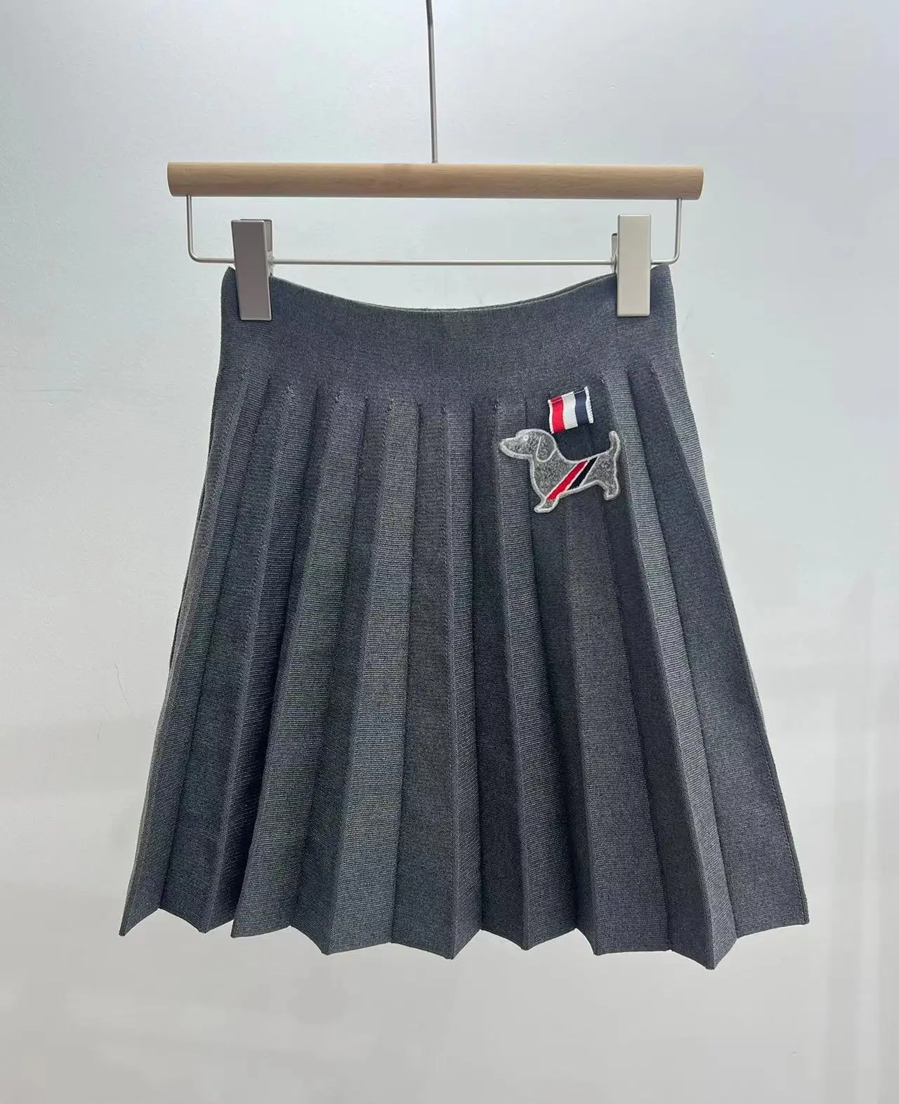 Gray Pleated A-Line Skirt with Puppy Embroidery