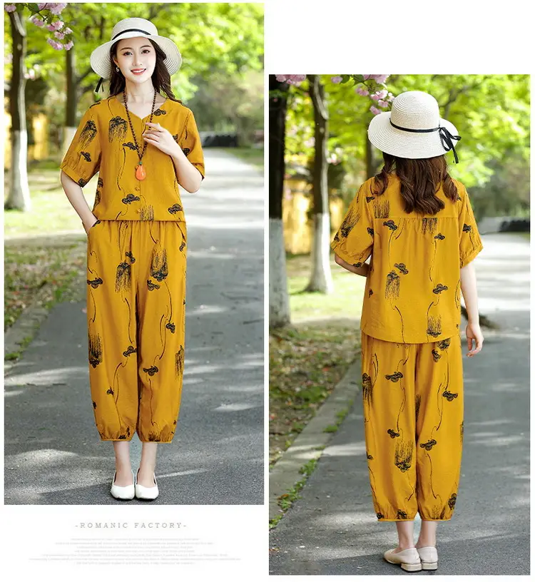 Middle-Aged Women Printed Cotton Suit Top & Pants Set — feature 10
