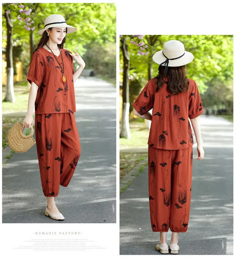 Middle-Aged Women Printed Cotton Suit Top & Pants Set — feature 6