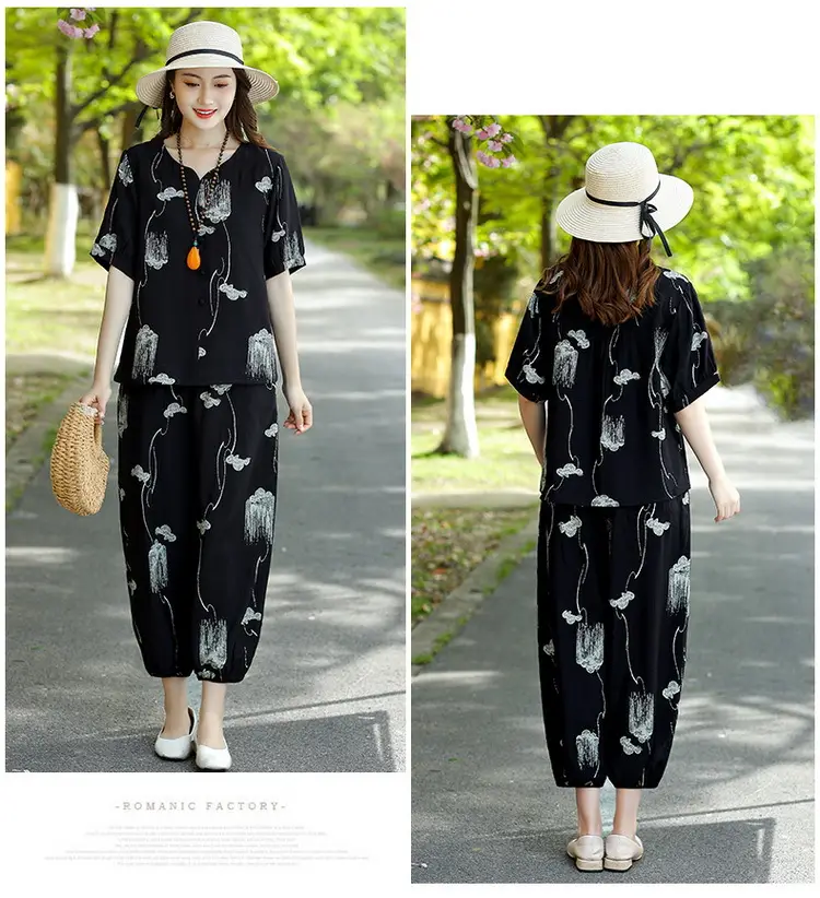 Middle-Aged Women Printed Cotton Suit Top & Pants Set — feature 8