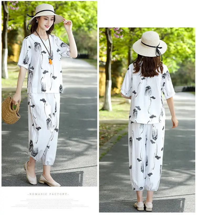 Middle-Aged Women Printed Cotton Suit Top & Pants Set — feature 9