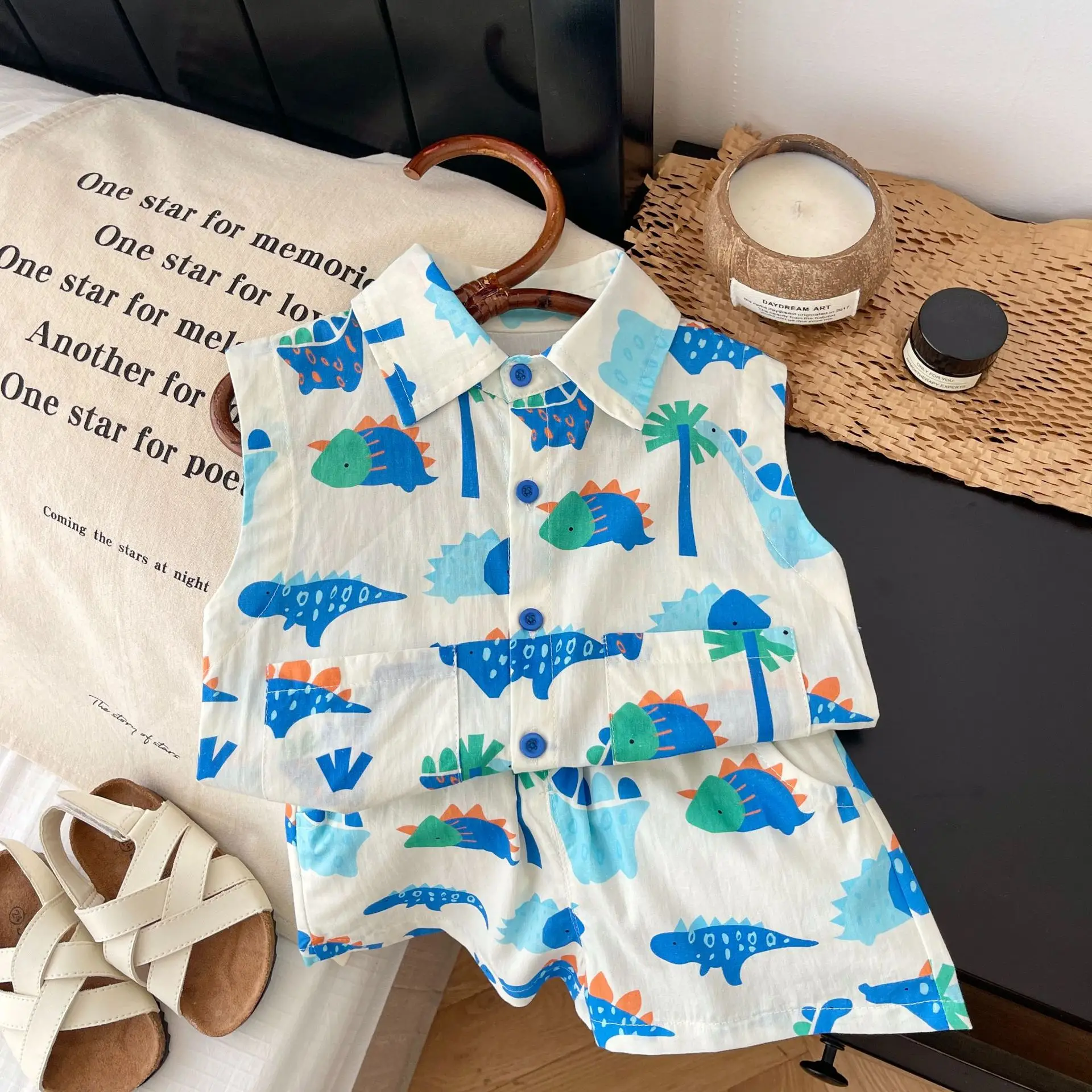 Kids Cartoon Dinosaur Sleeveless Top Shorts Set