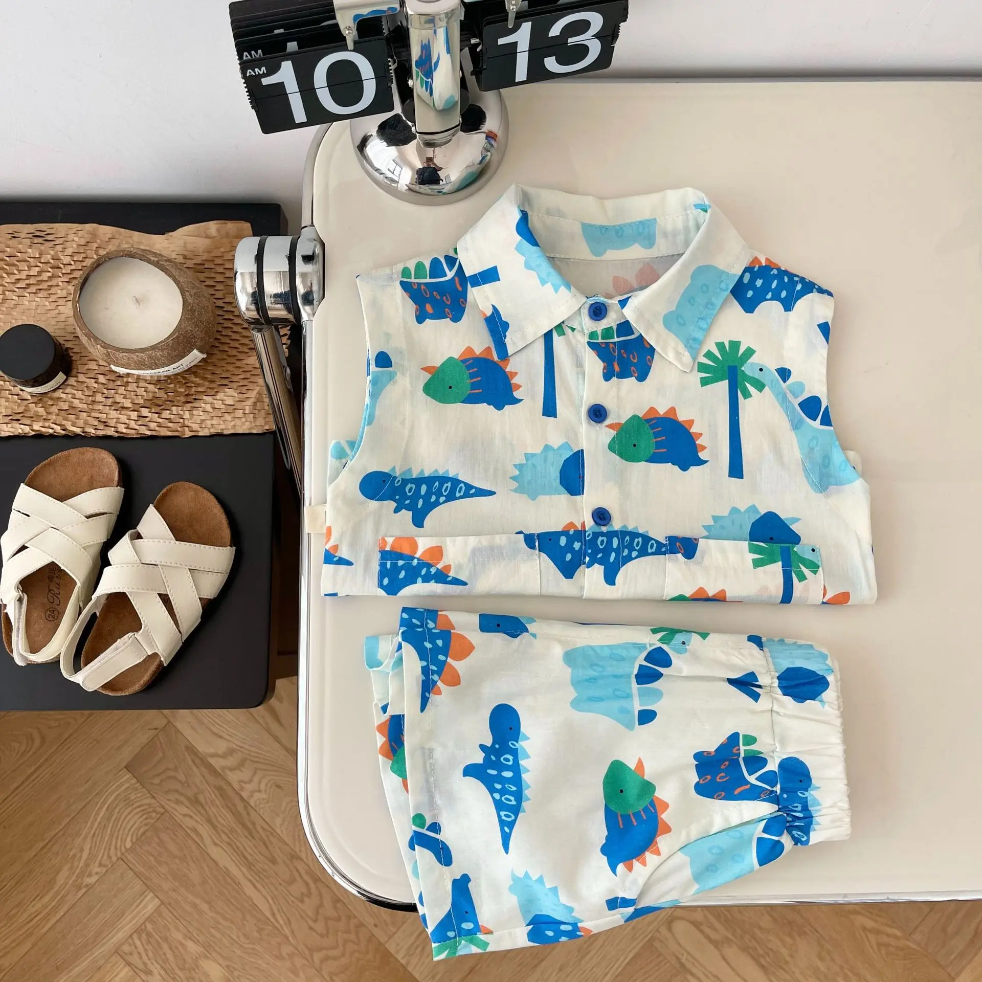 Kids Cartoon Dinosaur Sleeveless Top Shorts Set