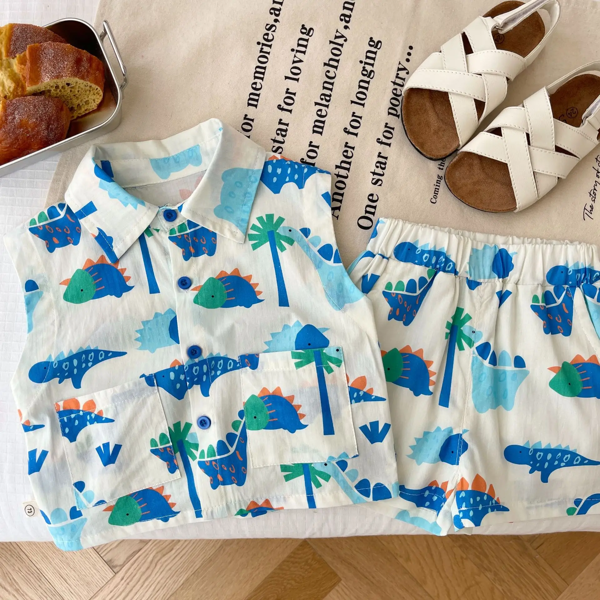 Kids Cartoon Dinosaur Sleeveless Top Shorts Set
