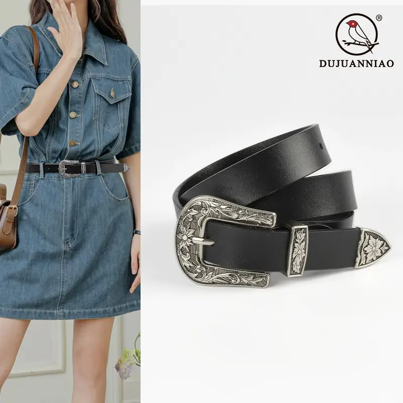 Black Cowhide Leather Belt with Silver Buckle for Women - Image 2