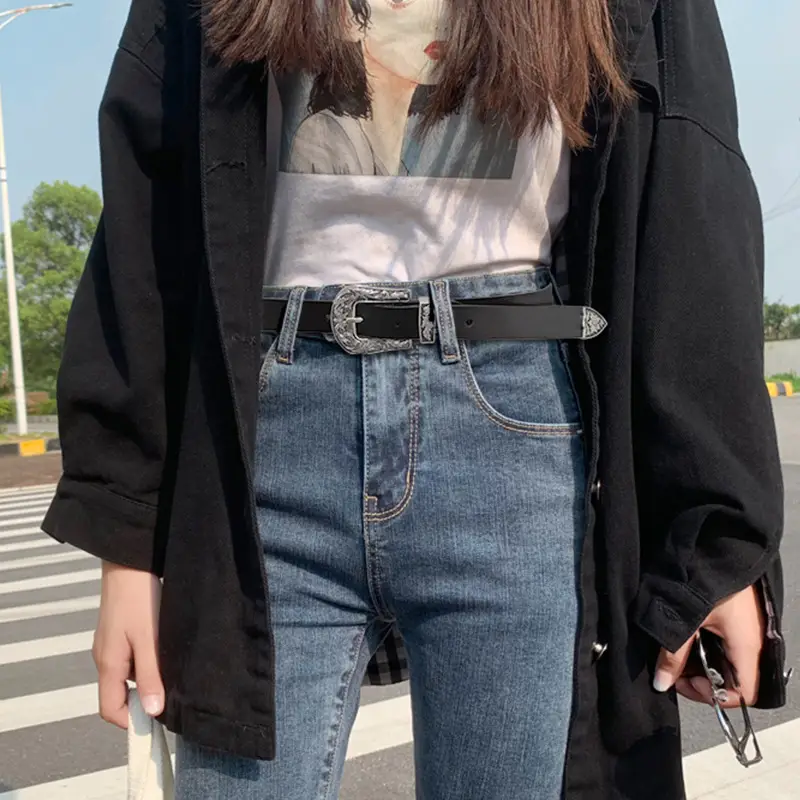 Black Cowhide Leather Belt with Silver Buckle for Women - Image 3