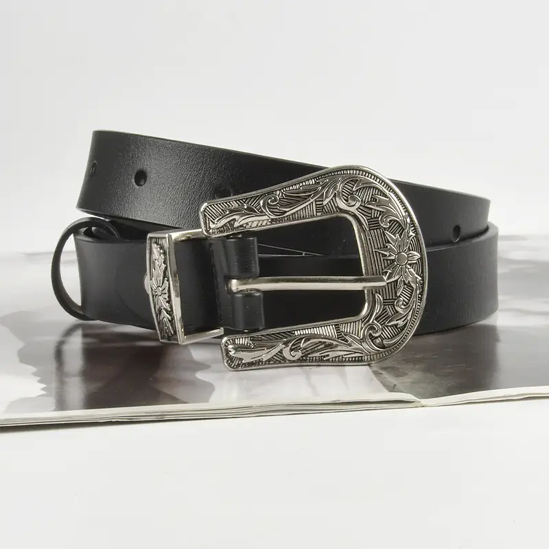 Black Cowhide Leather Belt with Silver Buckle for Women - Image 4