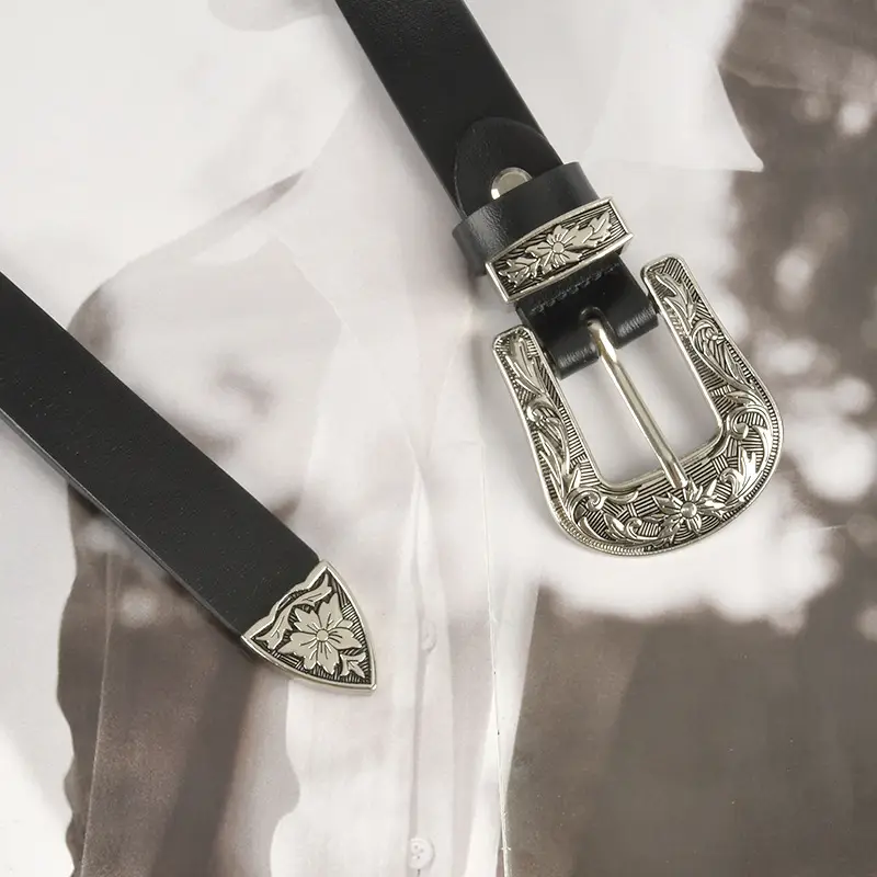 Black Cowhide Leather Belt with Silver Buckle for Women - Image 5