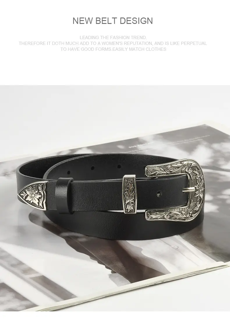 Black Cowhide Leather Belt with Silver Buckle for Women β feature 13