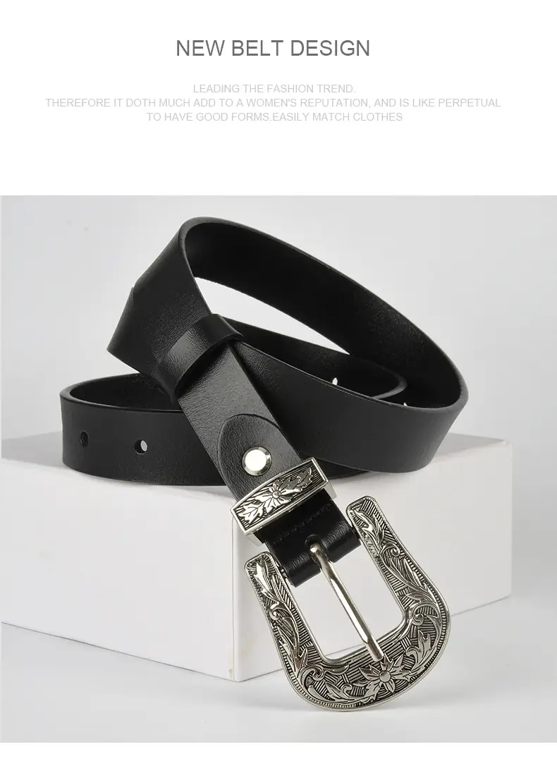 Black Cowhide Leather Belt with Silver Buckle for Women β feature 14