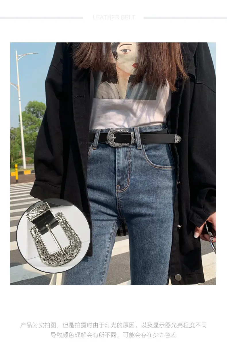 Black Cowhide Leather Belt with Silver Buckle for Women β feature 2