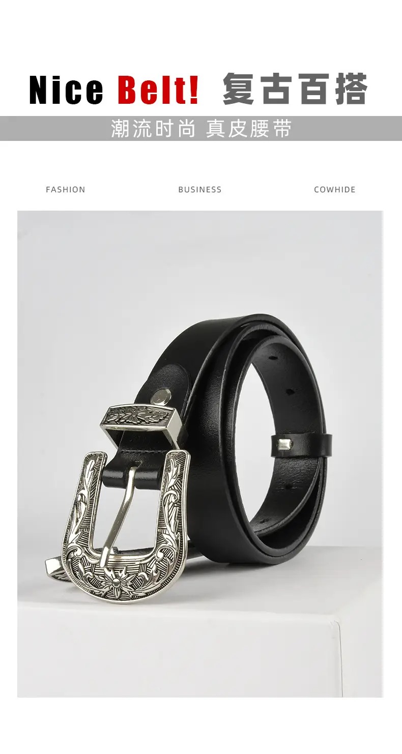 Black Cowhide Leather Belt with Silver Buckle for Women β feature 5