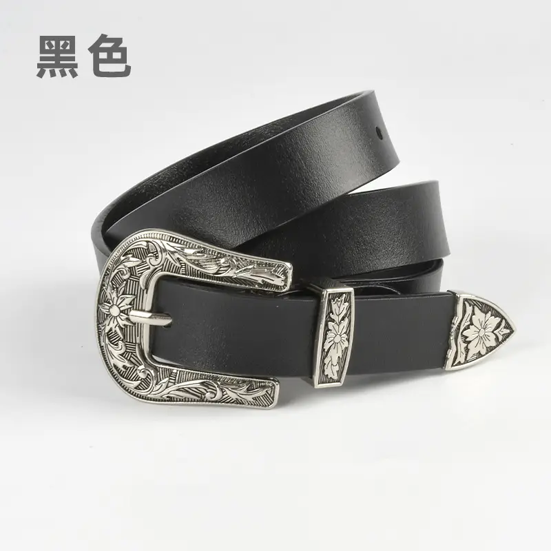 Black Cowhide Leather Belt with Silver Buckle for Women