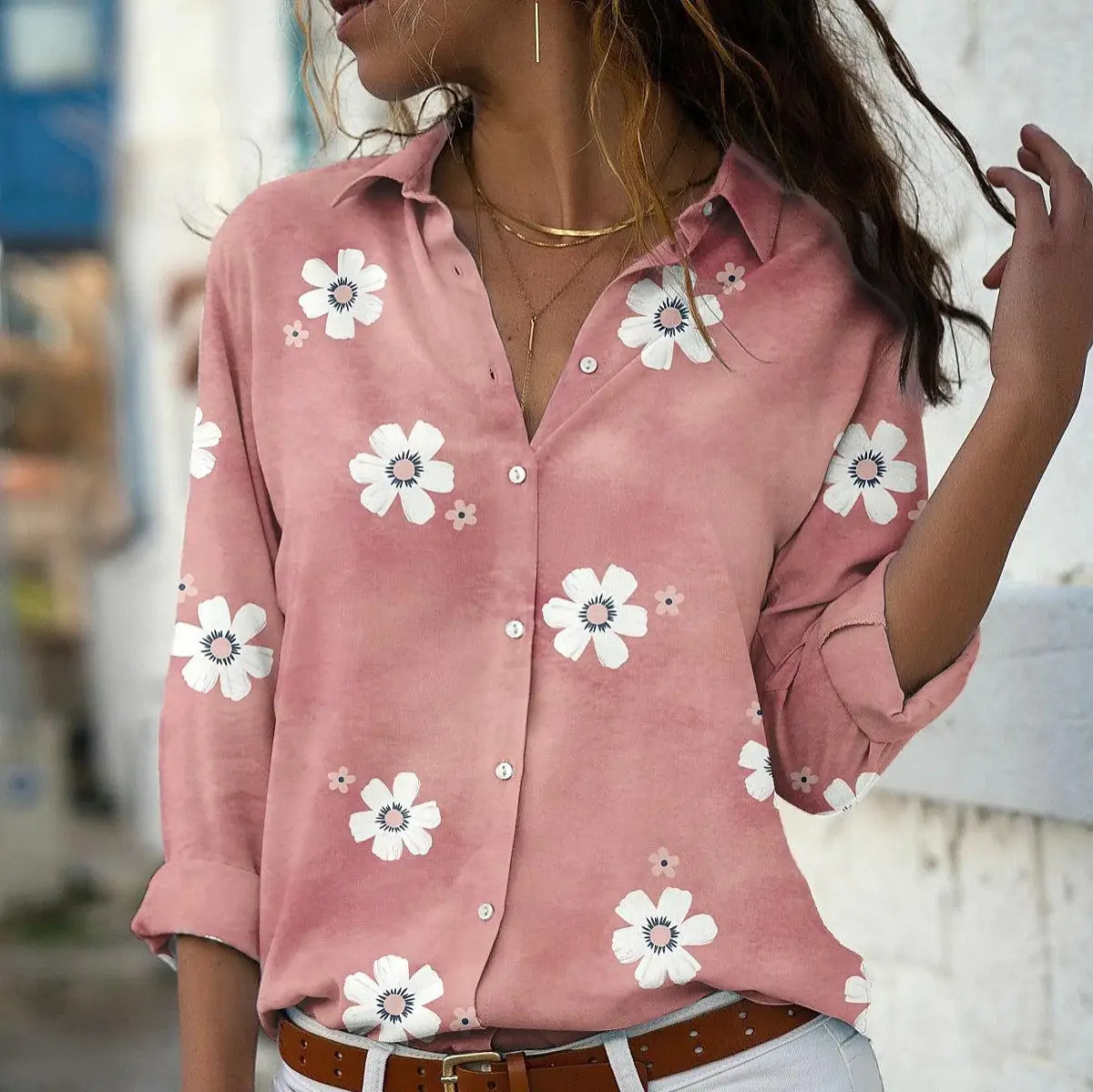 Women's Pink Floral Printed Long Sleeve Shirt - Image 6