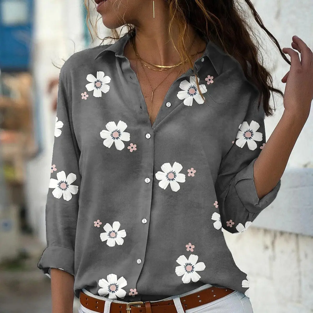 Women's Pink Floral Printed Long Sleeve Shirt - Image 7