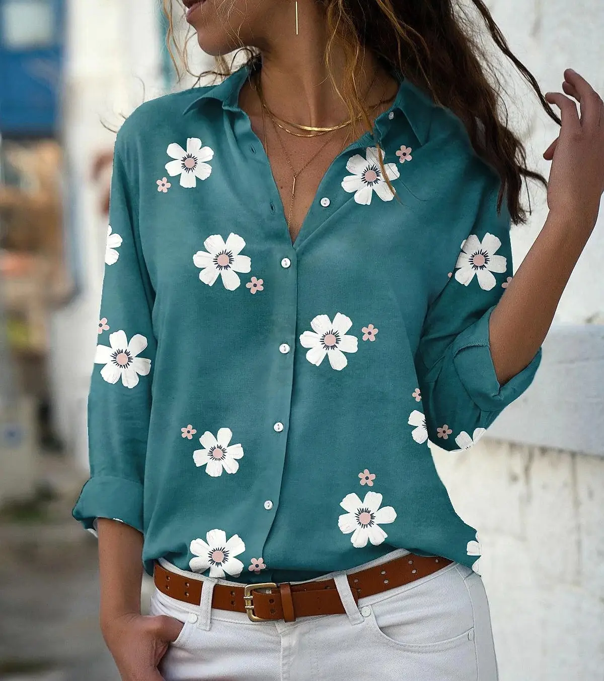 Women's Pink Floral Printed Long Sleeve Shirt - Image 3