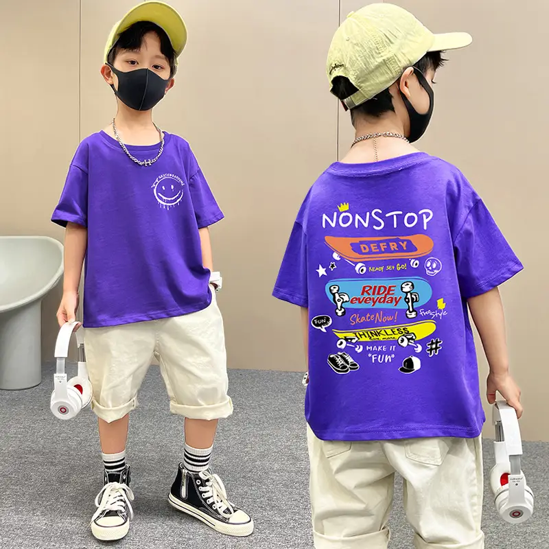 Boys Purple T-Shirt Summer New Style Loose Fit - Image 6