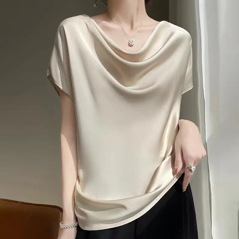 2024 Women's Pink C-Neck T-Shirt Short Sleeve Loose Fit
