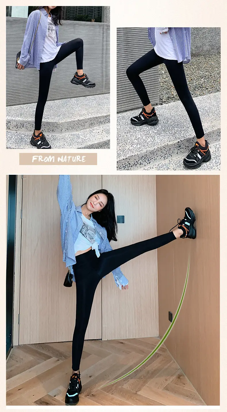 Bear ice silk leggings women's summer thin high waist stretch tight slimming glossy black outer wear skinny pants — feature 14