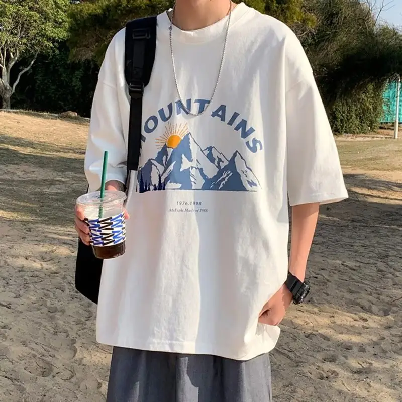 Men's Black Mountain Graphic T-Shirt Loose Fit Summer Wear - Image 2