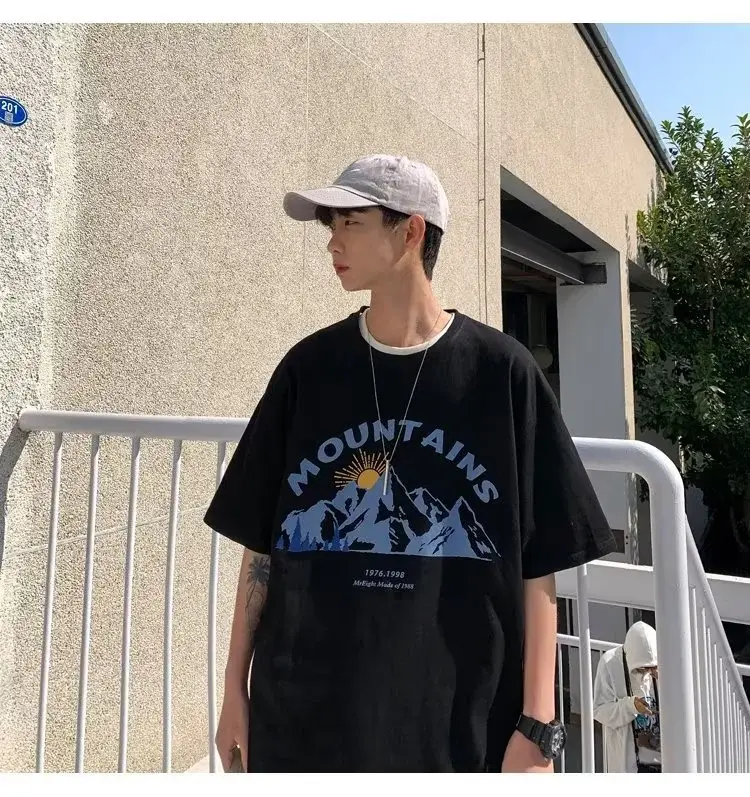 Men's Black Mountain Graphic T-Shirt Loose Fit Summer Wear — feature 10