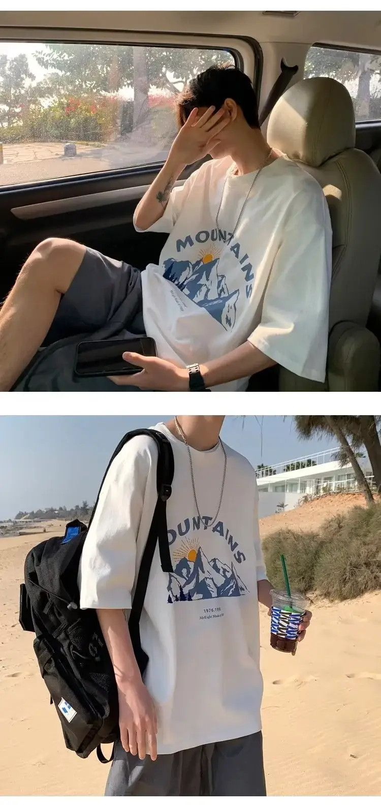 Men's Black Mountain Graphic T-Shirt Loose Fit Summer Wear — feature 3