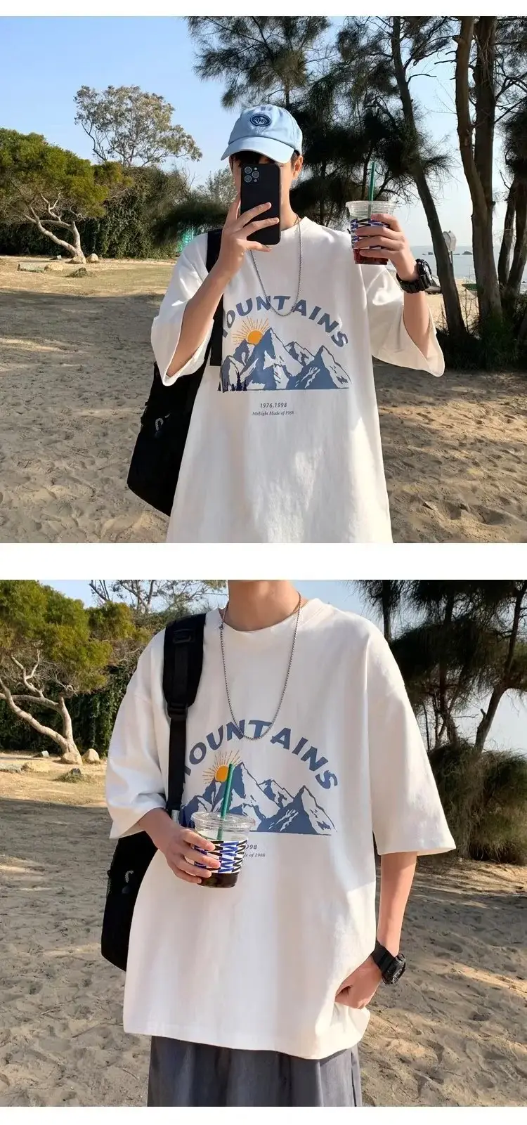 Men's Black Mountain Graphic T-Shirt Loose Fit Summer Wear — feature 4