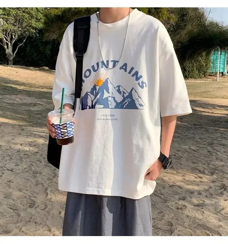 Men's Black Mountain Graphic T-Shirt Loose Fit Summer Wear — feature 6