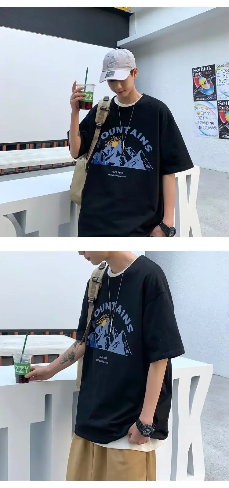 Men's Black Mountain Graphic T-Shirt Loose Fit Summer Wear — feature 7