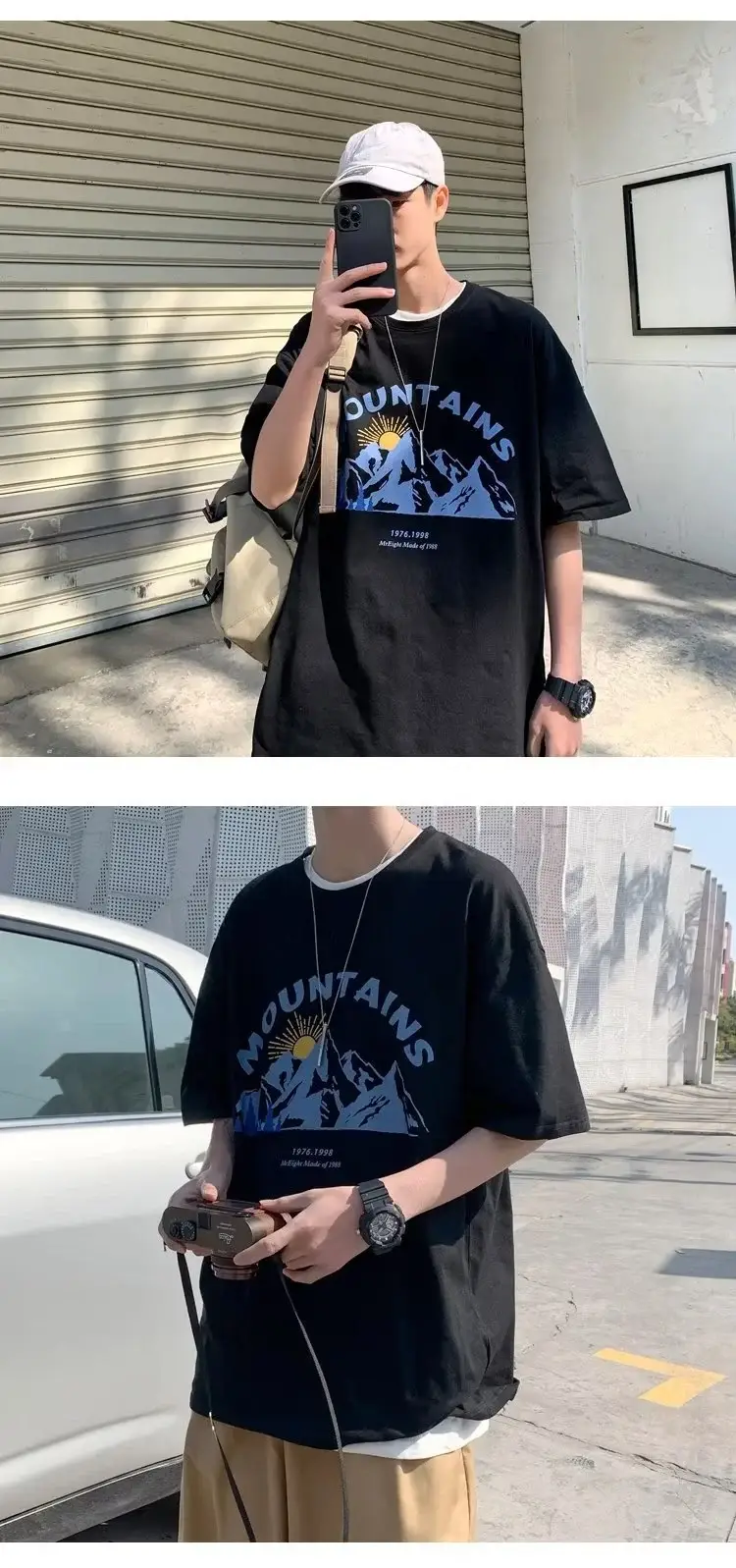 Men's Black Mountain Graphic T-Shirt Loose Fit Summer Wear — feature 8