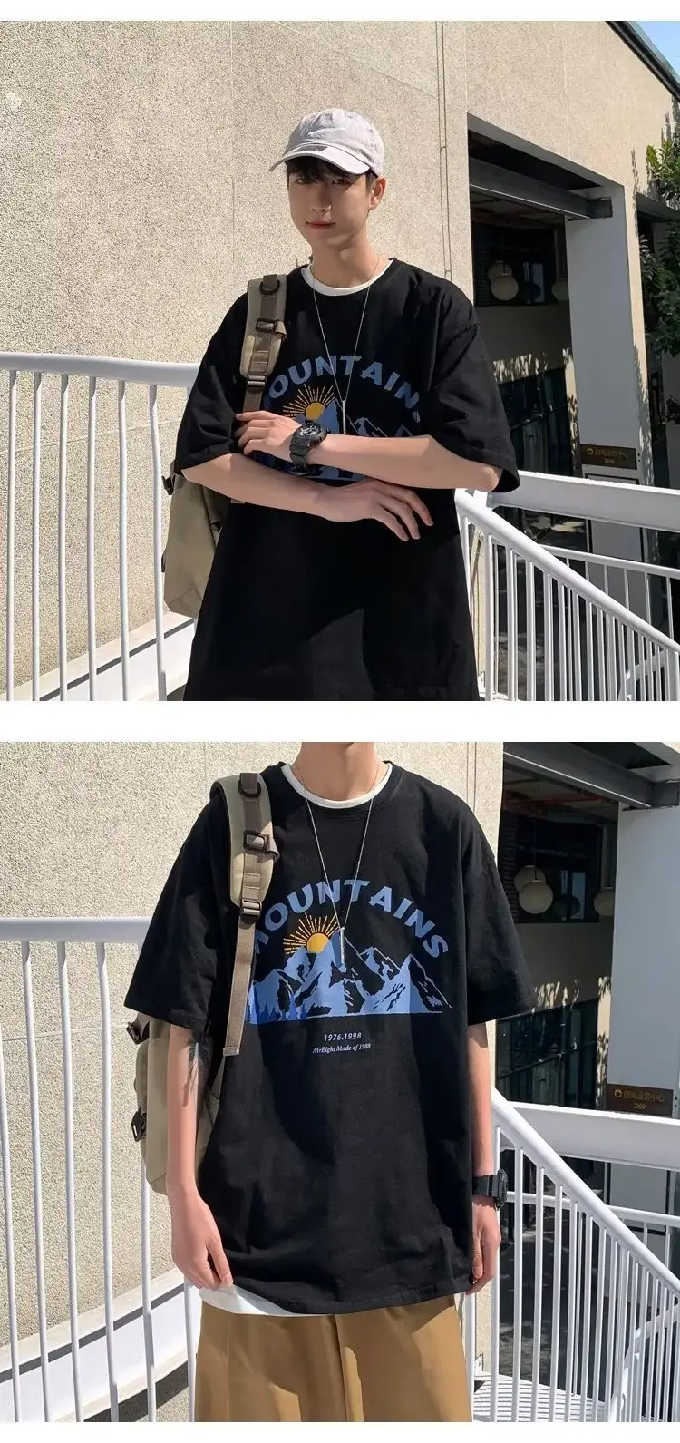 Men's Black Mountain Graphic T-Shirt Loose Fit Summer Wear — feature 9