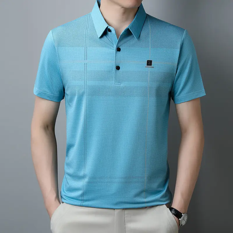 Men Ice Silk Polo Shirt Blue Striped Middle Age Business Casual - Image 3