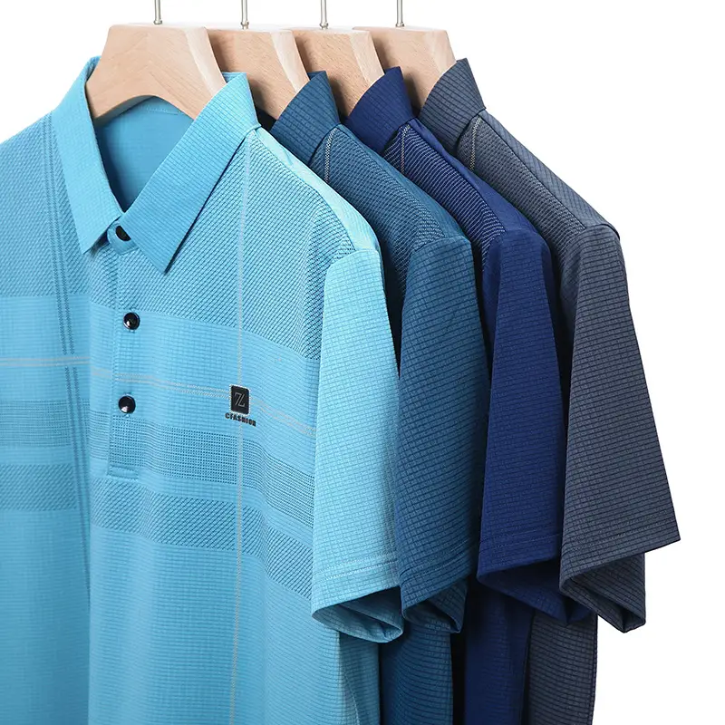Men Ice Silk Polo Shirt Blue Striped Middle Age Business Casual - Image 5