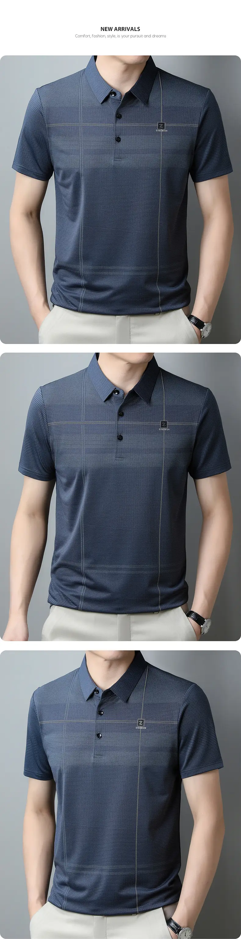 Men Ice Silk Polo Shirt Blue Striped Middle Age Business Casual — feature 10