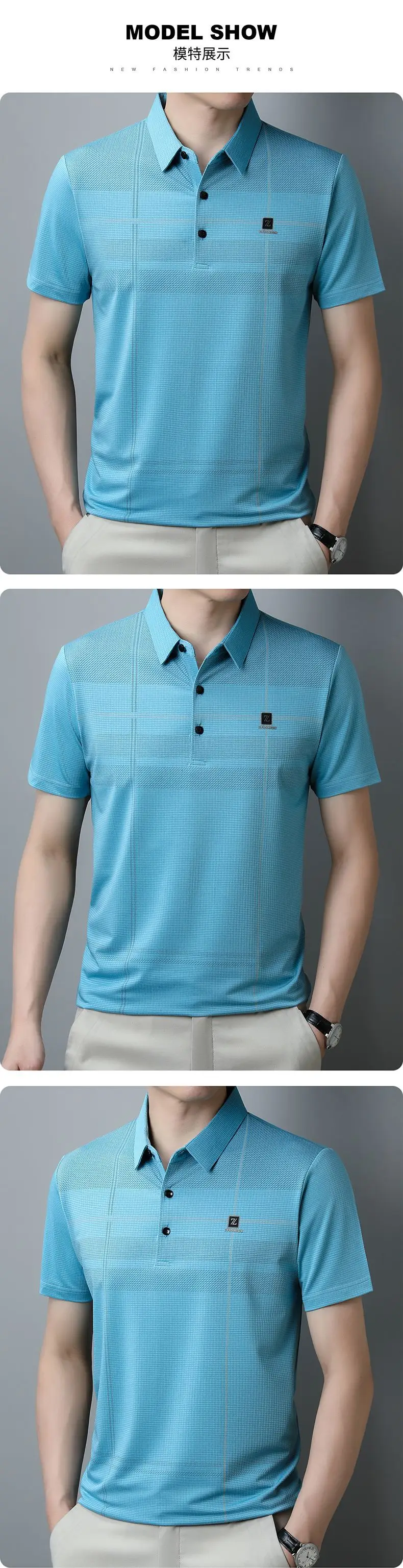 Men Ice Silk Polo Shirt Blue Striped Middle Age Business Casual — feature 11
