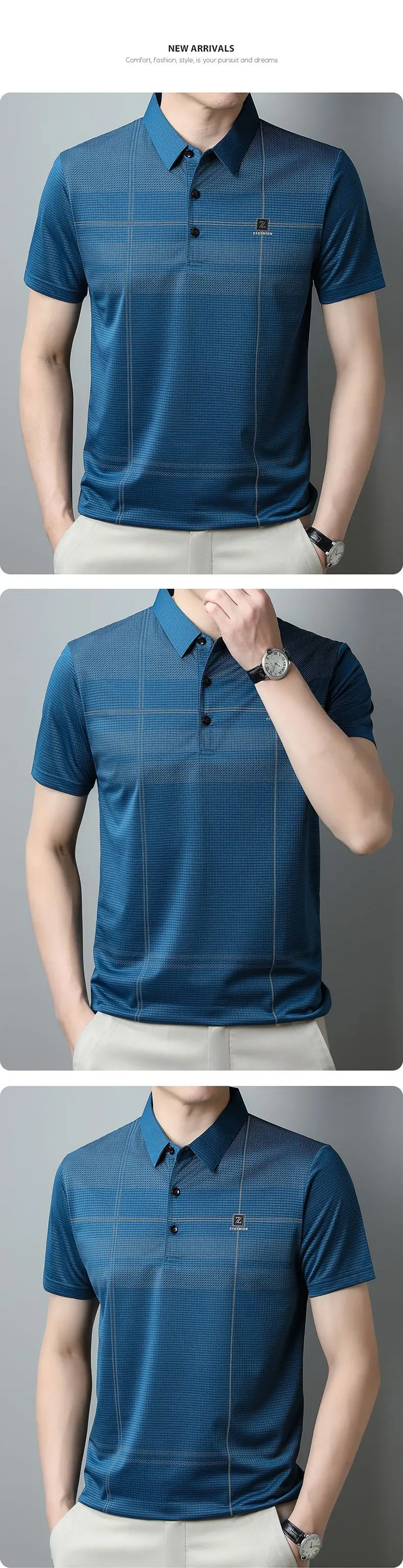 Men Ice Silk Polo Shirt Blue Striped Middle Age Business Casual — feature 12