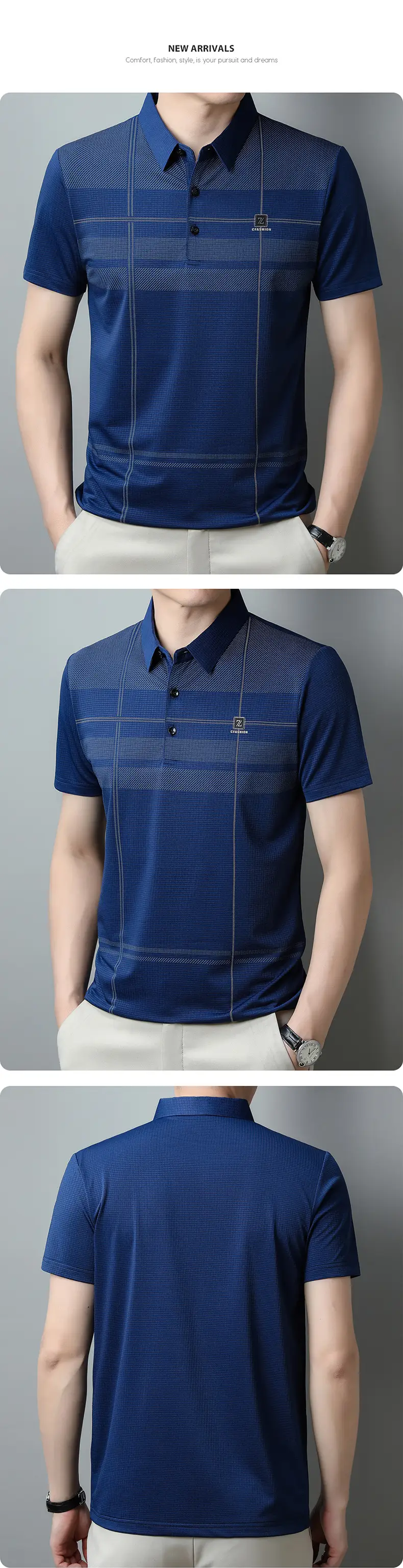 Men Ice Silk Polo Shirt Blue Striped Middle Age Business Casual — feature 13