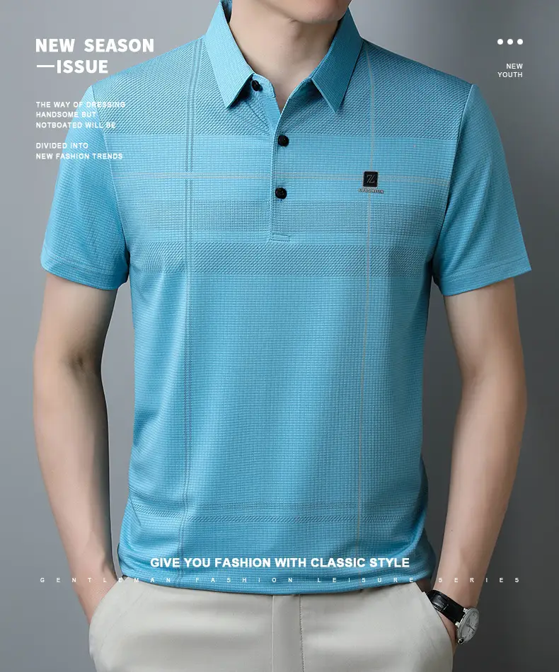 Men Ice Silk Polo Shirt Blue Striped Middle Age Business Casual — feature 3