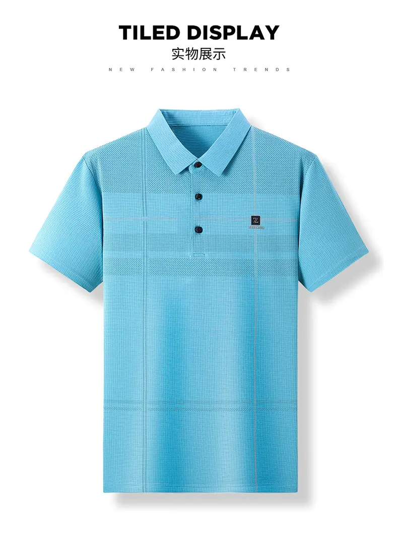 Men Ice Silk Polo Shirt Blue Striped Middle Age Business Casual — feature 9