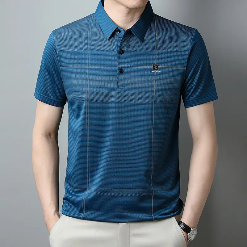 Men Ice Silk Polo Shirt Blue Striped Middle Age Business Casual - Image 2