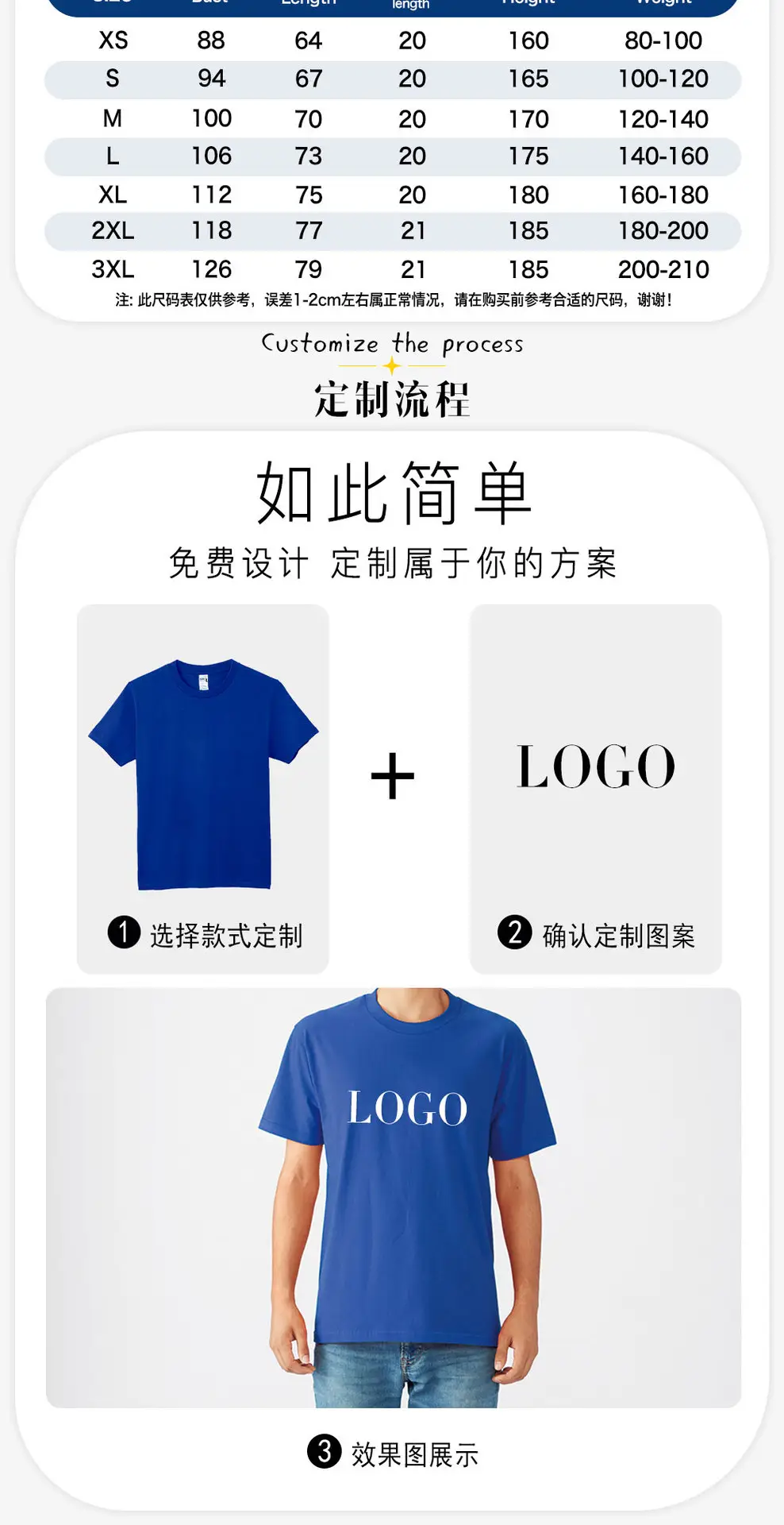 Blue Cotton T-Shirt European Size 210g Heavy Loose Solid Color — feature 2