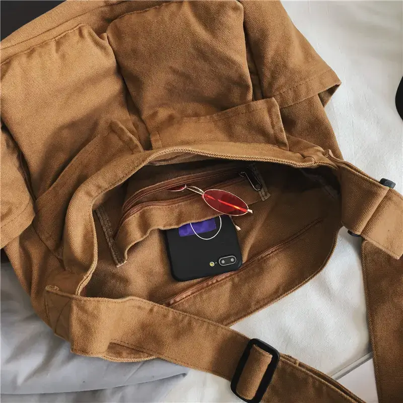 Tan Canvas Shoulder Bag for Women - Image 8