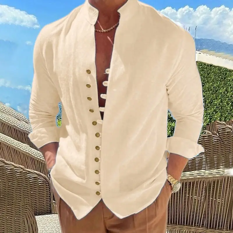 Men's Cream Linen Button Front Shirt - Image 10
